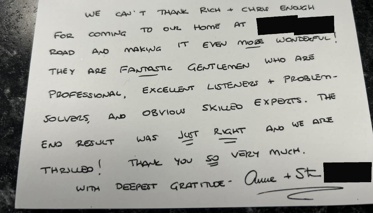 Handwritten thank-you note praising KRAM Inc.